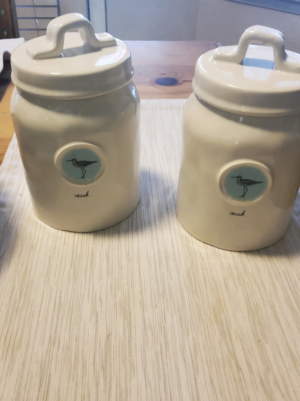Rae Dunn White Ceramic Canisters with Turquoise Accent - Set of 2 